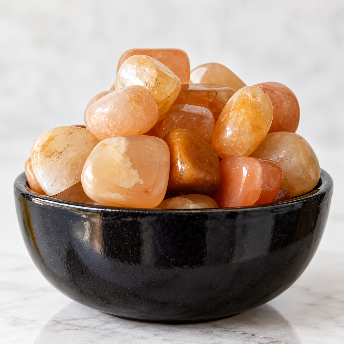 A pile of polished tumbled stones in peach, orange, and translucent cream tones, displayed in a glossy black ceramic bowl on a light marble surface.