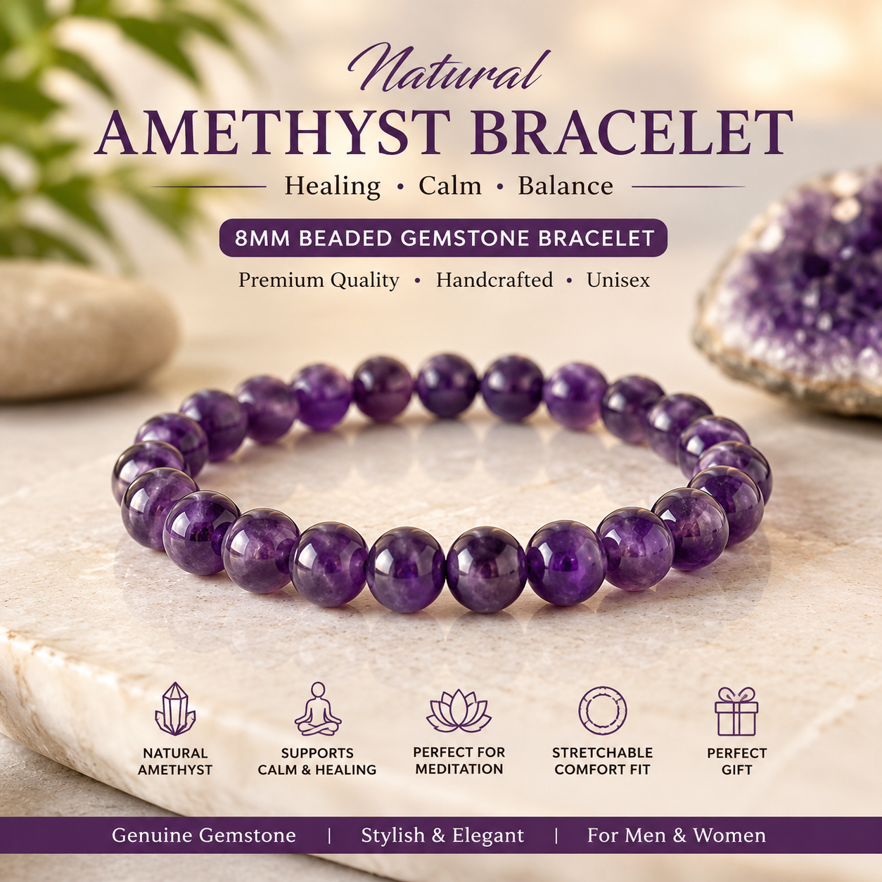 Natural Healing Gemstone Bracelet | 8mm Crystal Beaded Bracelet